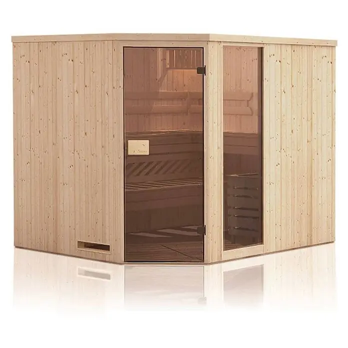FinnTherm Massivholzsauna Family - L x B x H: 194 x 194 x 199 cm - Helle Holzsaunakabine mit dunkel getönter Glastür und Fenster, die Innenbänke zeigt.
