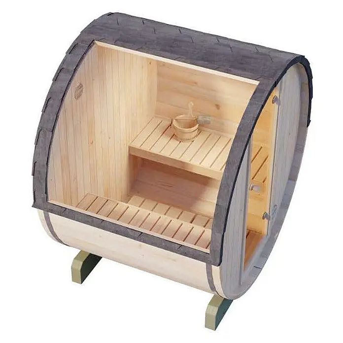 FinnTherm Fasssauna Mini XS - Holz - Hölzerne Fasssauna aus hellem Holz mit dunklem Schindeldach, Innenbänken, Eimer und Kelle.