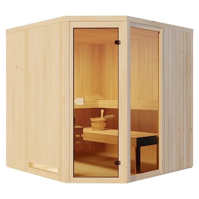 FinnTherm Massivholzsauna Family - L x B x H: 194 x 194 x 199 cm - Ecksauna aus hellem Holz mit transparenten Glastüren, die Bänke und Zubehör im Inneren zeigen.