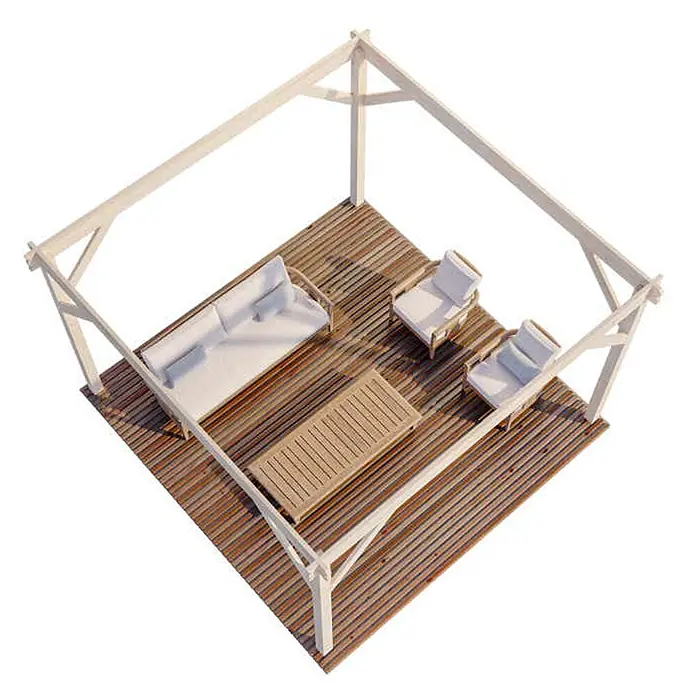 Alpholz Gartenpavillon Lanzarote - Außenmaß inkl. Dachüberstand (B x T): 425 x 425 cm, Holz, Naturbelassen - Outdoor-Lounge-Set aus hellem Holz mit weißen Polstern (Sofa, zwei Sessel, Tisch) auf Holzdeck unter Pergola. Von oben.