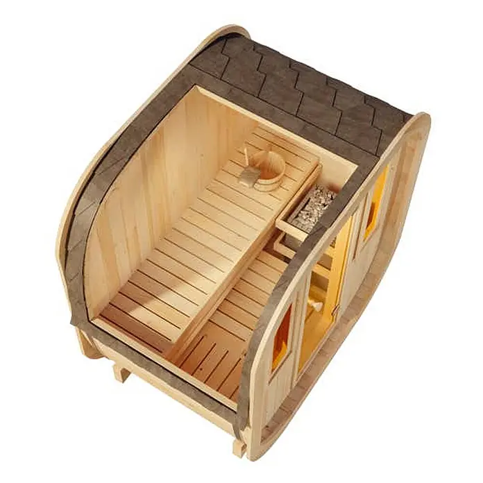 FinnTherm Fasssauna ScandiCube Mini XXS - Holz, L x B x H: 136 x 21 x 214 cm - Miniatur-Holzsauna mit hellem Holzinterieur, Bänken, Eimer, Saunaofen mit Steinen und dunklem Schindeldach.