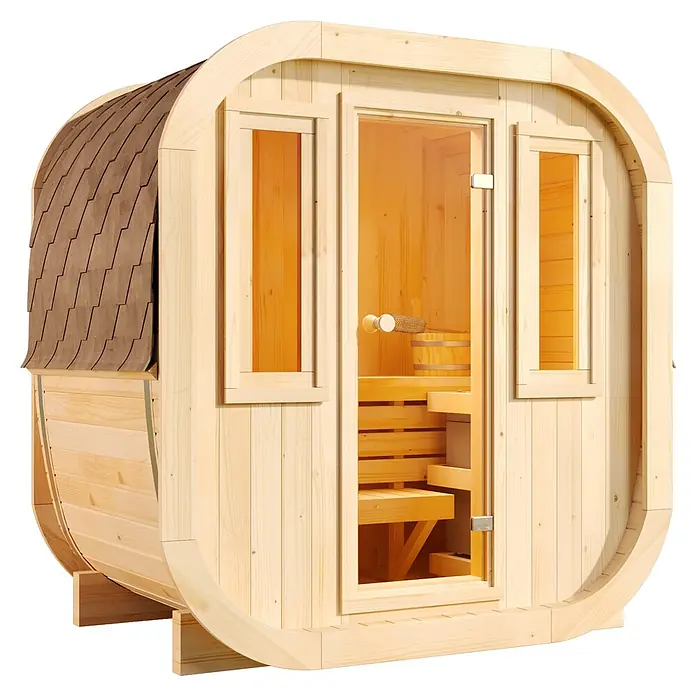 FinnTherm Fasssauna ScandiCube Mini XXS - Holz, L x B x H: 136 x 21 x 214 cm - Hölzerne Fasssauna mit Schindeldach, klarer Glastür und sichtbaren Innenbänken.