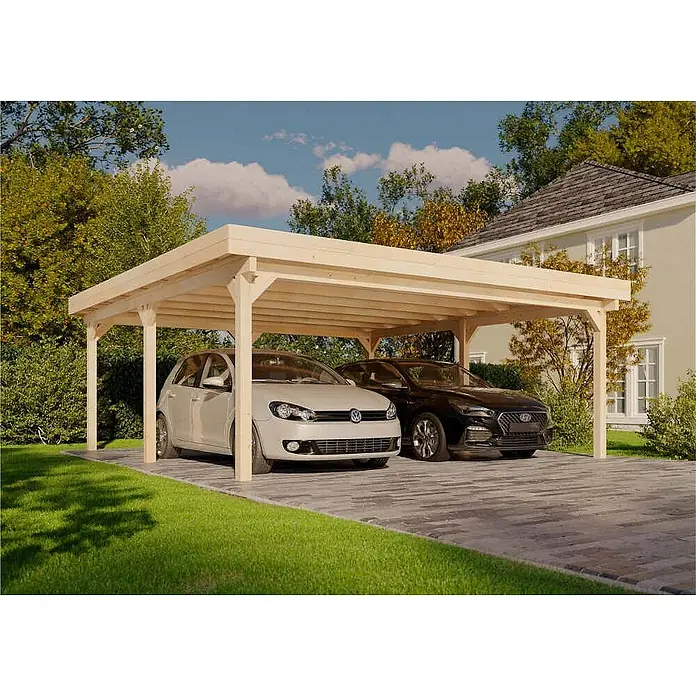 Alpholz Carport Olaf - Außenmaß inkl. Dachüberstand (B x T): 6 x 6 m, Doppelcarport, Naturbelassen - Heller Holzcarport schützt zwei Autos auf einer gepflasterten Auffahrt neben einem Haus.