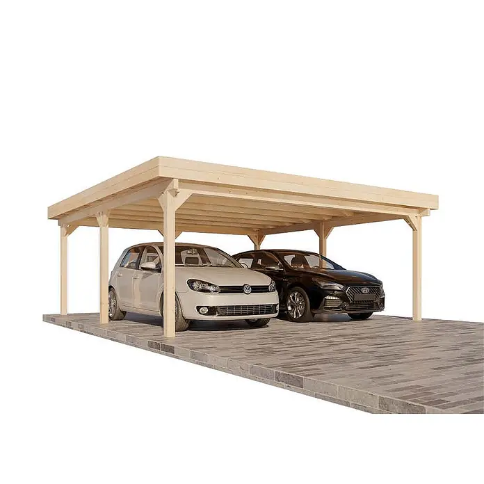 Alpholz Carport Olaf - Außenmaß inkl. Dachüberstand (B x T): 6 x 6 m, Doppelcarport, Naturbelassen - Hölzernes Carport aus hellem Holz mit zwei Autos auf gepflastertem Untergrund.