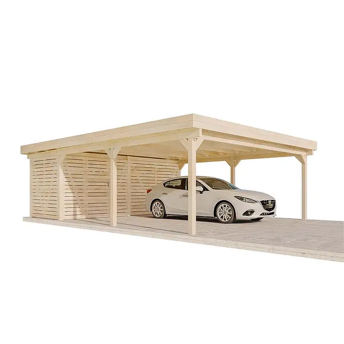 Alpholz Carport Freya - Außenmaß inkl. Dachüberstand (B x T): 6 x 8 m, Doppelcarport, Naturbelassen - Heller Holzcarport mit Lamellenwänden und weißem Auto auf gepflastertem Untergrund.
