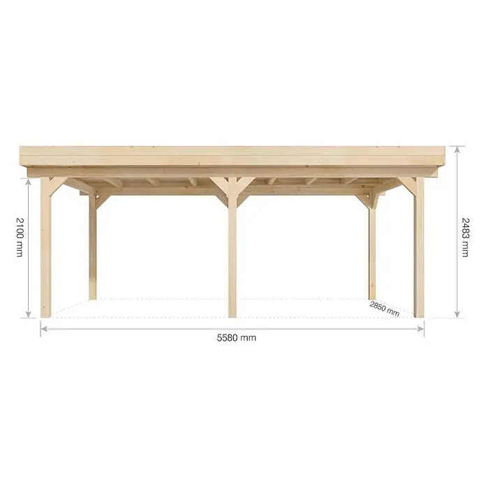 Alpholz Carport Olaf - Außenmaß inkl. Dachüberstand (B x T): 3 x 6 m, Einzelcarport, Naturbelassen - Helle Holzpergola mit sechs Pfosten, angezeigte Maße.