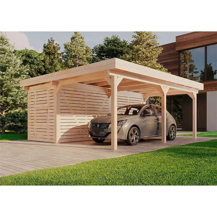 Alpholz Carport Lars - Außenmaß inkl. Dachüberstand (B x T): 5 x 6 m, Einzelcarport, Naturbelassen - Heller Holzcarport mit integriertem Geräteschuppen, schützt ein Auto.