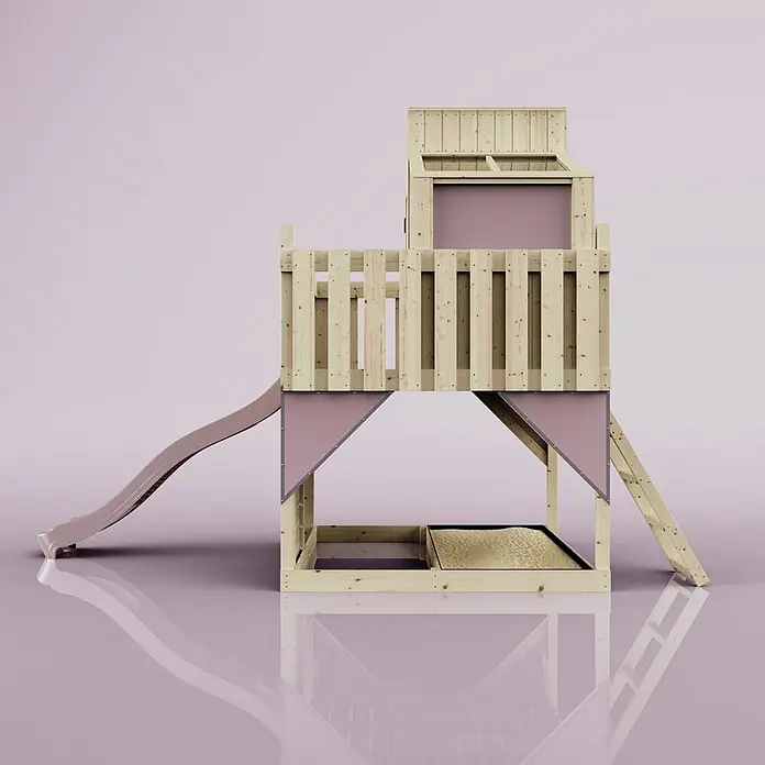 OutdoorToys Kinderspielturm Spielhaus Komet - L x B x H: 415 x 191 x 292 cm, Rosa - Holz-Spielturm mit Rutsche und Sandkasten, in Naturholz und rosa Akzenten.