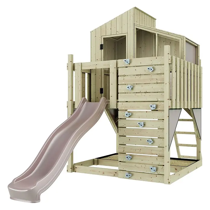 OutdoorToys Kinderspielturm Spielhaus Komet - L x B x H: 415 x 191 x 292 cm, Rosa - Hölzerner Spielplatz mit brauner Rutsche, Kletterwand mit blauen Griffen und Spielhaus.