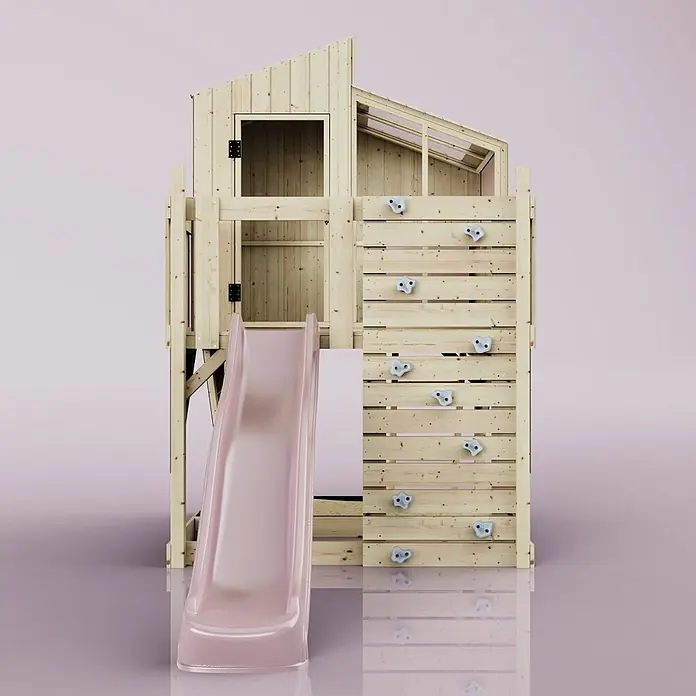 OutdoorToys Kinderspielturm Spielhaus Komet - L x B x H: 415 x 191 x 292 cm, Rosa - Hölzernes Kinderspielhaus mit rosa Rutsche und Kletterwand mit hellblauen Griffen.