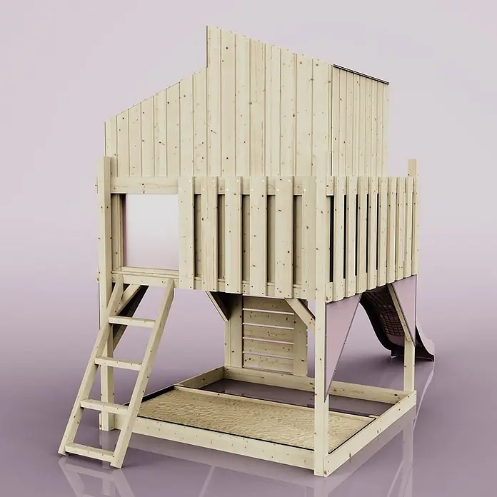 OutdoorToys Kinderspielturm Spielhaus Komet - L x B x H: 415 x 191 x 292 cm, Rosa - Hölzerner Kinderspielturm mit erhöhtem Spielhaus, Leiterzugang, integriertem Sandkasten und Rutsche.