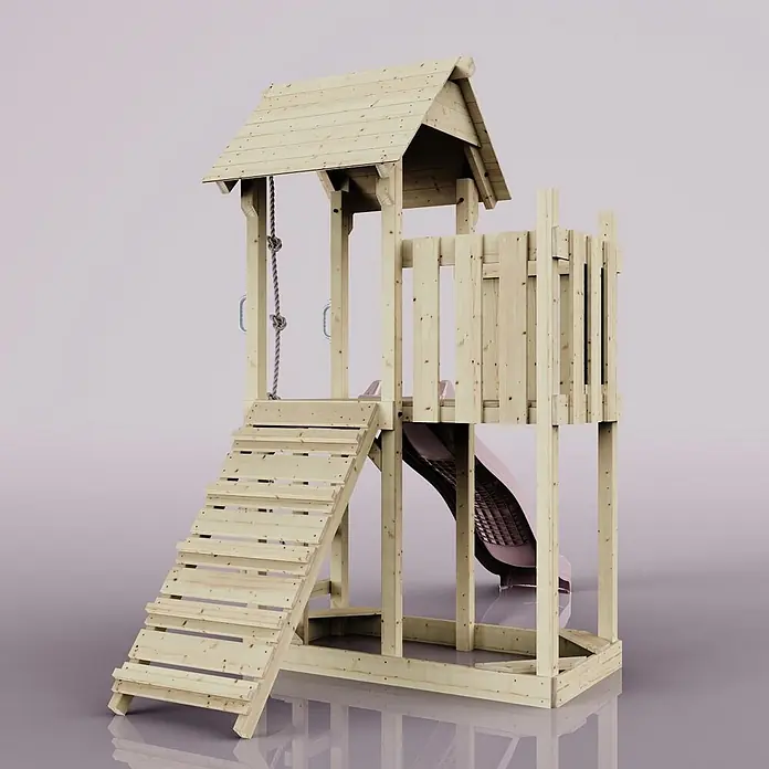 OutdoorToys Kinderspielturm Tromso - L x B x H: 153 x 357 x 273 cm, Rosa - Hölzernes Spielhaus mit Turm, Spitzdach, Leiter, Kletterseil und einer hellrosa Rutsche.