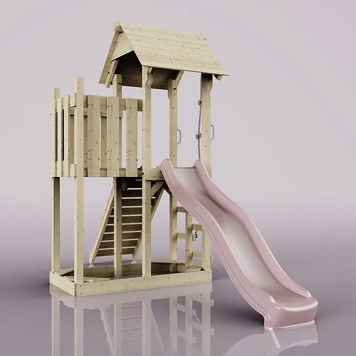 OutdoorToys Kinderspielturm Tromso - L x B x H: 153 x 357 x 273 cm, Rosa - Spielturm aus hellem Holz mit rosafarbener Wellenrutsche, Treppe und überdachter Plattform.