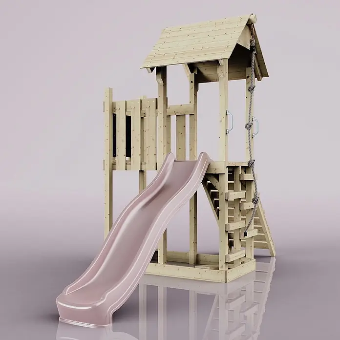 OutdoorToys Kinderspielturm Tromso - L x B x H: 153 x 357 x 273 cm, Rosa - Holzspielturm mit hellrosa Rutsche und Kletterseil, inklusive kleinem Turm mit Dach.