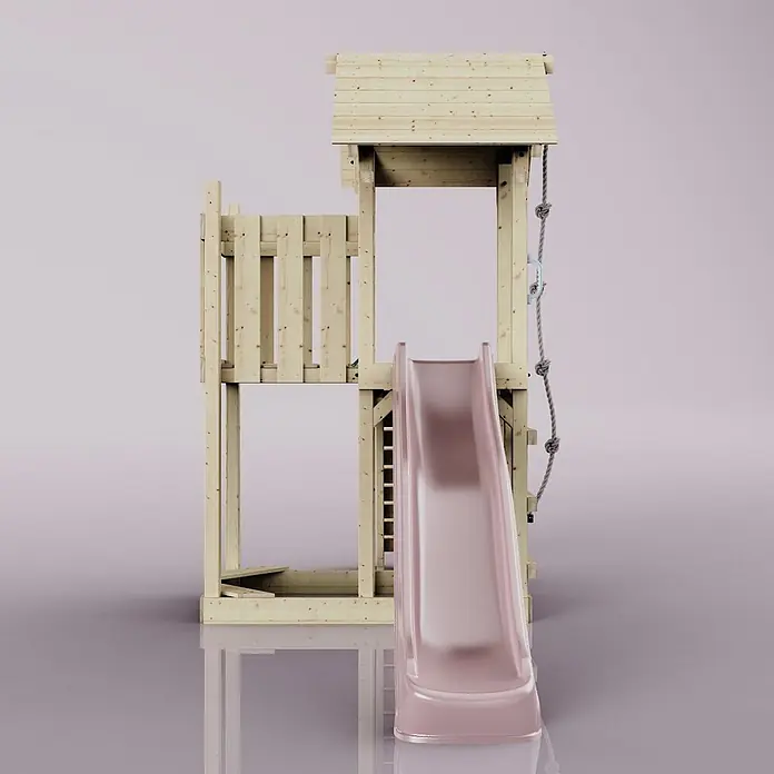OutdoorToys Kinderspielturm Tromso - L x B x H: 153 x 357 x 273 cm, Rosa - Hölzerner Spielturm mit rosa Rutsche und Kletterseil.