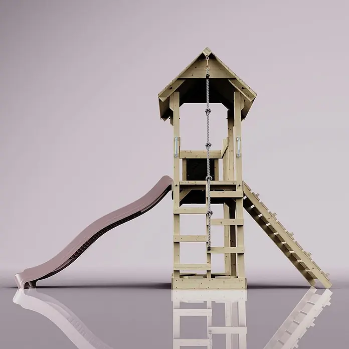 OutdoorToys Kinderspielturm Tromso - L x B x H: 153 x 357 x 273 cm, Rosa - Hölzerner Spielturm mit brauner Rutsche, Kletterseil und Leiter für den Außenbereich von Kindern.