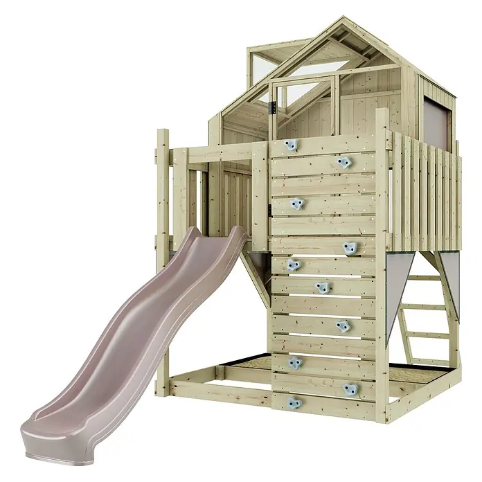 OutdoorToys Kinderspielturm Spielhaus Meteorit - L x B x H: 415 x 191 x 292 cm, Rosa - Holzturm mit Hausstruktur, brauner Rutsche und Kletterwand.