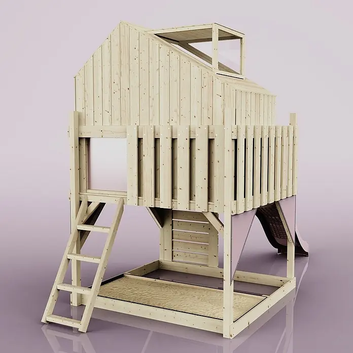 OutdoorToys Kinderspielturm Spielhaus Meteorit - L x B x H: 415 x 191 x 292 cm, Rosa - Spielhaus aus Holz auf Stelzen mit Sandkasten, Leiter und rosa Rutsche, zum Spielen im Freien.
