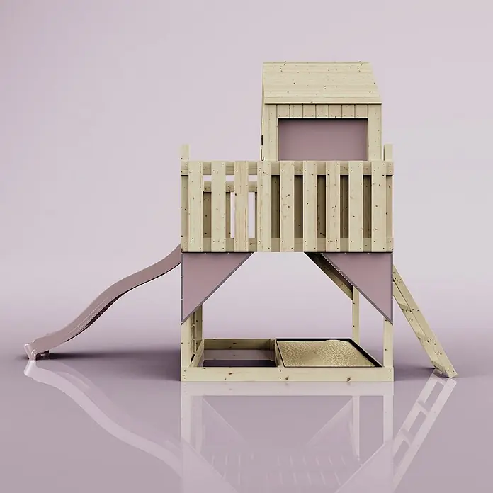 OutdoorToys Kinderspielturm Spielhaus Meteorit - L x B x H: 415 x 191 x 292 cm, Rosa - Hölzernes Spielhaus mit Rutsche, Sandkasten und pinkfarbenen Details.