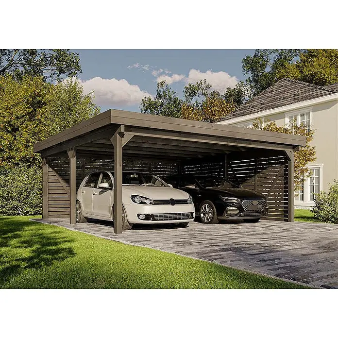 Alpholz Carport Olaf "Grey Line" - Außenmaß inkl. Dachüberstand (B x T): 6 x 6 m, Doppelcarport, Grau - Dunkelgrauer Holz-Doppelcarport schützt zwei Autos in einer Auffahrt.
