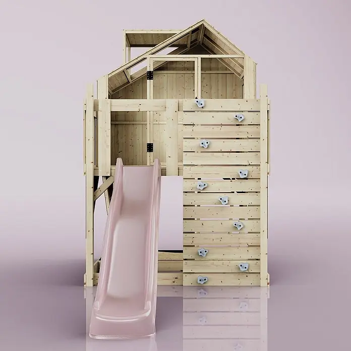 OutdoorToys Kinderspielturm Spielhaus Meteorit - L x B x H: 415 x 191 x 292 cm, Rosa - Holzspielhaus mit rosa Rutsche und Kletterwand mit blauen Griffen.