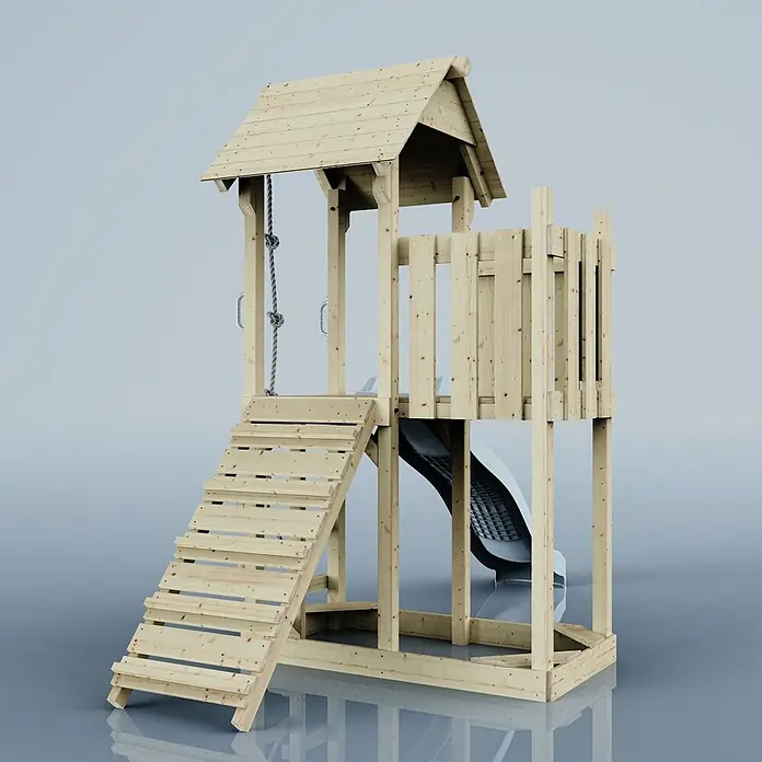 OutdoorToys Kinderspielturm Tromso - L x B x H: 153 x 357 x 273 cm, Blau - Spielturm aus Naturholz mit Spitzdach, Leiter, grauer Rutsche und Kletterseil.