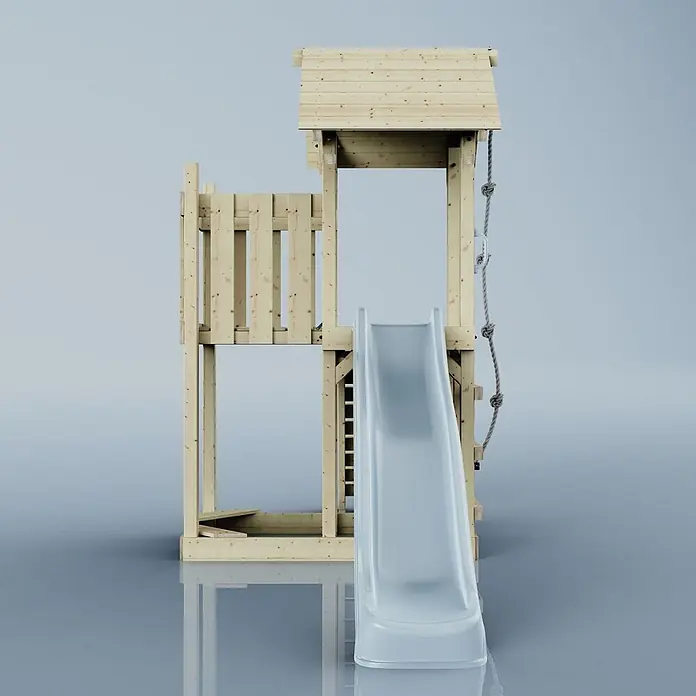 OutdoorToys Kinderspielturm Tromso - L x B x H: 153 x 357 x 273 cm, Blau - Holzspielturm mit hellgrauer Rutsche und Kletterseil.