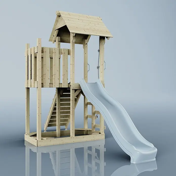OutdoorToys Kinderspielturm Tromso - L x B x H: 153 x 357 x 273 cm, Blau - Hölzerner Spielturm aus hellem Holz mit Treppe, hellgrauer Rutsche und kleinem Dach.