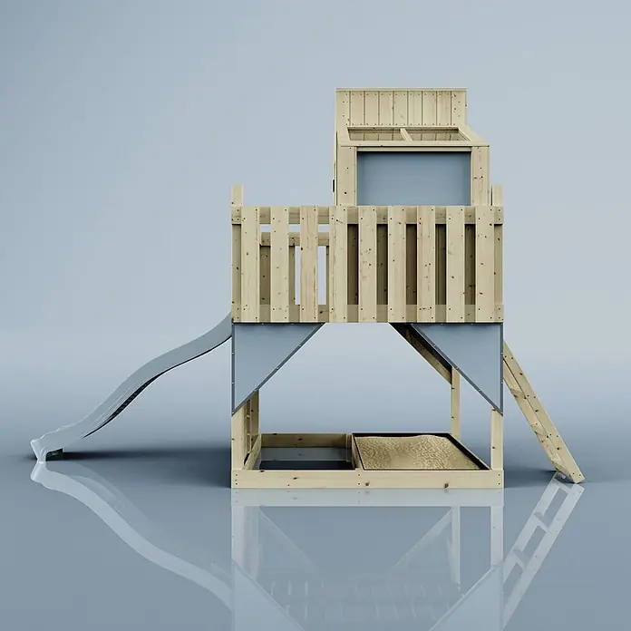 OutdoorToys Kinderspielturm Spielhaus Komet - L x B x H: 415 x 191 x 292 cm, Blau - Spielturm aus Holz mit grauer Rutsche, Leiter und integriertem Sandkasten.