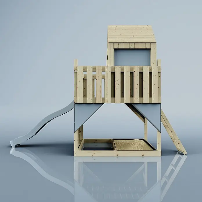 OutdoorToys Kinderspielturm Spielhaus Meteorit - L x B x H: 415 x 191 x 292 cm, Blau - Hölzernes Kinderspielhaus mit grauer Rutsche, Leiter und integriertem Sandkasten.