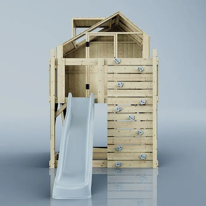 OutdoorToys Kinderspielturm Spielhaus Meteorit - L x B x H: 415 x 191 x 292 cm, Blau - Kinderspielhaus aus Naturholz mit grauer Rutsche und Kletterwand.