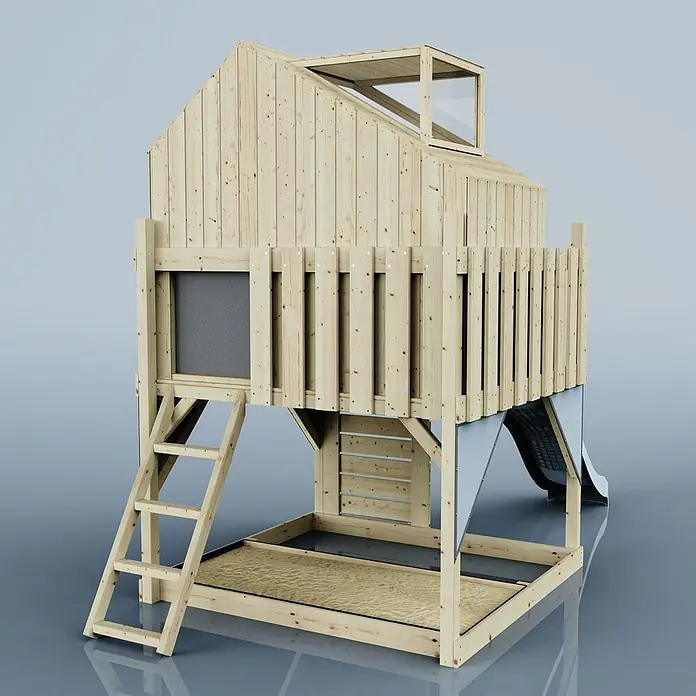 OutdoorToys Kinderspielturm Spielhaus Meteorit - L x B x H: 415 x 191 x 292 cm, Blau - Holzhäuschen aus hellem Holz mit Sandkasten, Leiter und dunkler Rutsche für Kinderspielplatz.