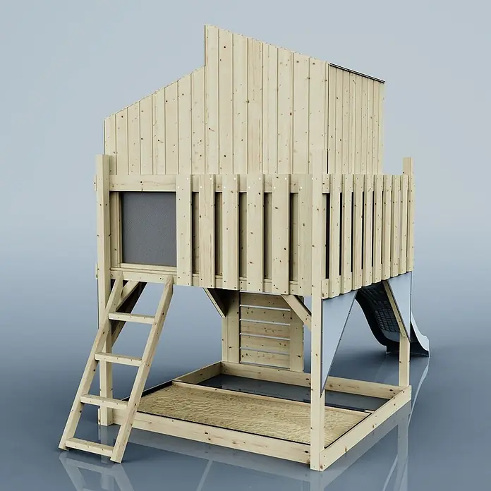 OutdoorToys Kinderspielturm Spielhaus Komet - L x B x H: 415 x 191 x 292 cm, Blau - Hölzernes Spielhaus mit Sandkasten, Leiter und Rutsche. Helle Holzkonstruktion.