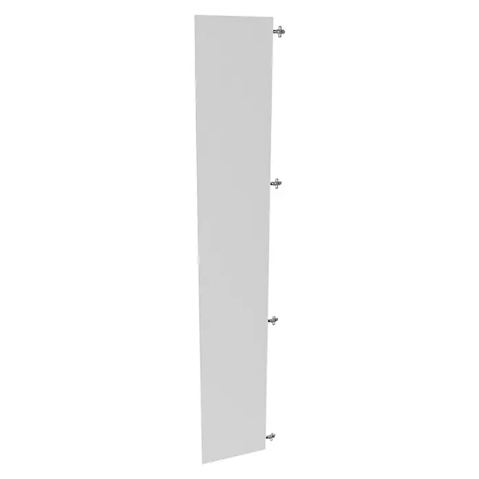 Finsa Puerta para mueble de armario - An x Al: 49,7 x 228,6 cm, Blanco - Imagen del producto de un panel gris delgado, orientado verticalmente, fijado con cuatro accesorios plateados en el lateral.