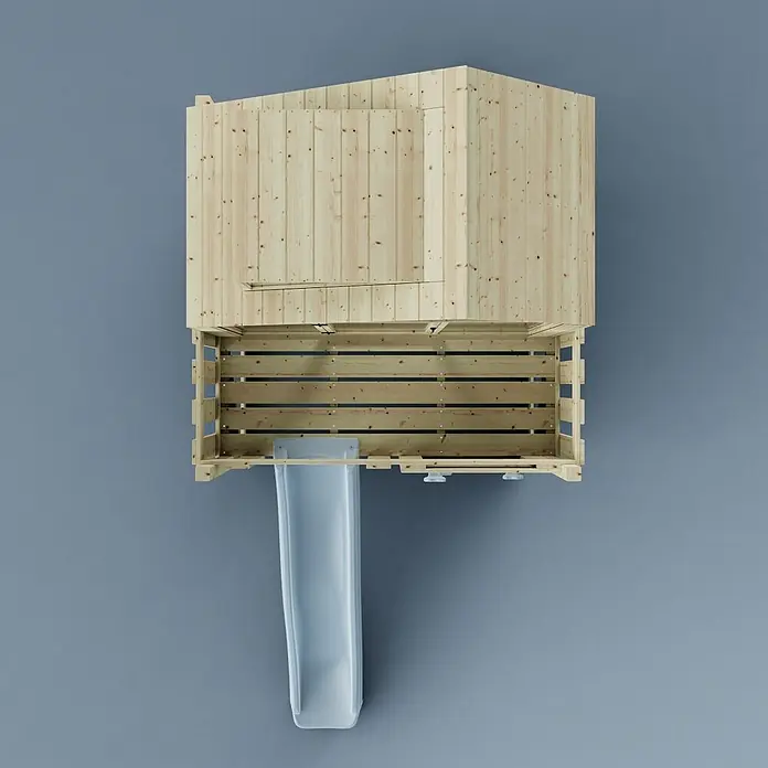 OutdoorToys Kinderspielturm Spielhaus Meteorit - L x B x H: 415 x 191 x 292 cm, Blau - Erhöhtes Holzspielhaus mit hellgrauer Rutsche, von oben gesehen.