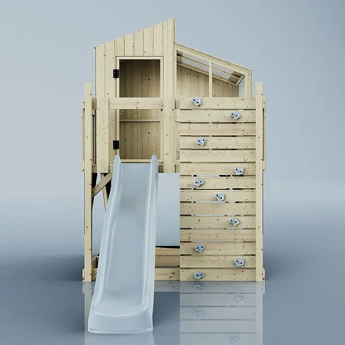 OutdoorToys Kinderspielturm Spielhaus Komet - L x B x H: 415 x 191 x 292 cm, Blau - Hölzernes Spielhaus mit grauer Rutsche und Kletterwand.