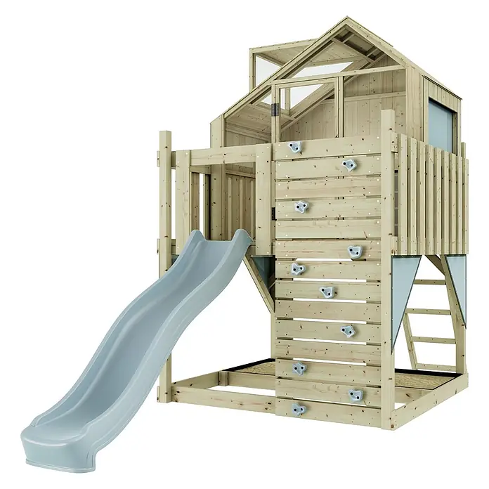 OutdoorToys Kinderspielturm Spielhaus Meteorit - L x B x H: 415 x 191 x 292 cm, Blau - Hölzernes Spielset mit Hausstruktur, hellgrauer Rutsche und Kletterwand mit grauen Griffen.