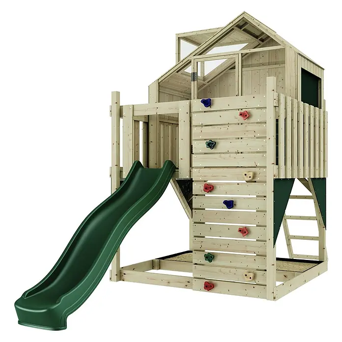 OutdoorToys Kinderspielturm Spielhaus Meteorit - L x B x H: 415 x 191 x 292 cm, Grün - Hölzernes Spielset mit Haus, grüner Rutsche und Kletterwand mit bunten Griffen.
