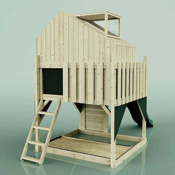 OutdoorToys Kinderspielturm Spielhaus Meteorit - L x B x H: 415 x 191 x 292 cm, Grün - Holzhäuschenbett mit Leiter, Sandkastenbasis, dunkelgrüner Rutsche und Kreidetafel.