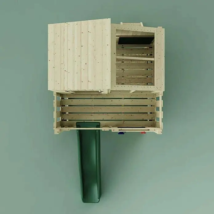 OutdoorToys Kinderspielturm Spielhaus Komet - L x B x H: 415 x 191 x 292 cm, Grün - Helles Holzspielhaus mit angebrachter grüner Rutsche.