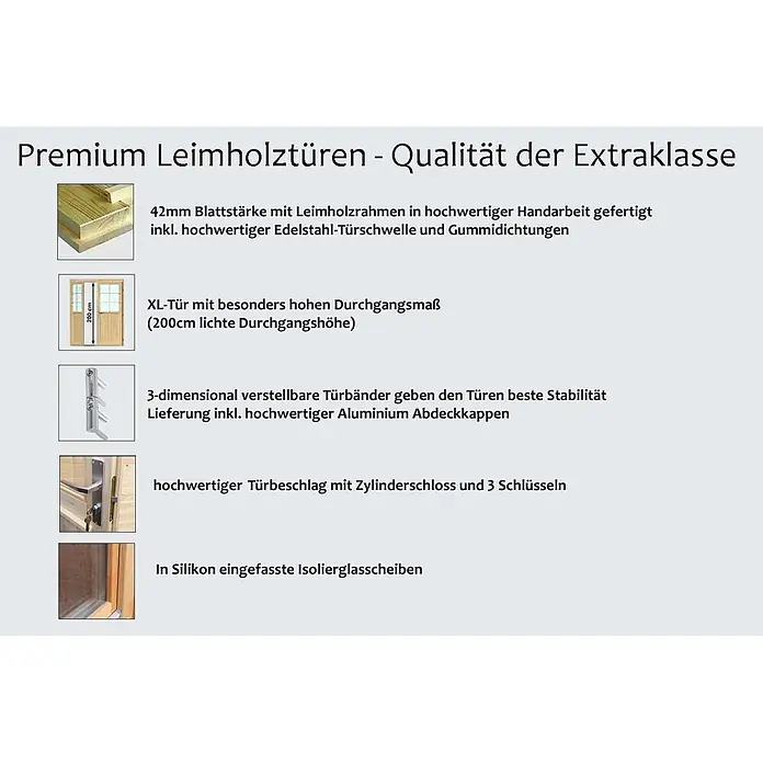Fjordholz Gartenhaus Carin 44 A +SD - Außenmaß inkl. Dachüberstand (B x T): 606 x 220 cm, Holz, ohne Imprägnierung - Premium Leimholztür mit 42mm Blattstärke, 200cm Durchgangshöhe, 3D-Bändern, hochwertigem Beschlag und Isolierglas.