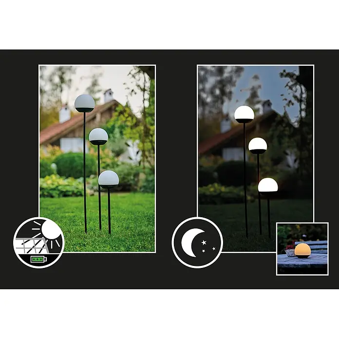 Lumix Solarleuchte Pompom - Lichtfarbe: RGB, Höhe: 100 cm, Pompom - Solar-Gartenkugelleuchten laden tagsüber und leuchten nachts. Ein Einsatz zeigt eine Leuchte als Tischlampe.