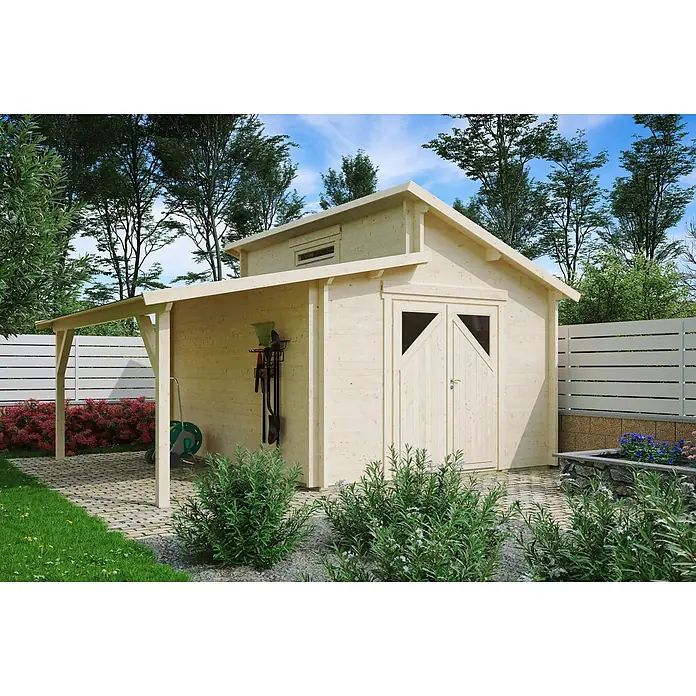Fjordholz Gartenhaus Varianta 44 E +SD - Außenmaß inkl. Dachüberstand (B x T): 483,2 x 395 cm, Holz, Naturbelassen - Gartenschuppen aus hellem Holz mit praktischem, angebautem Carport für Stauraum und Unterstand.