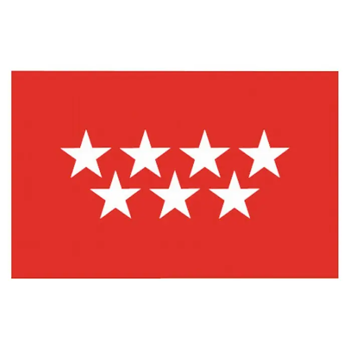 Bandera Comunidad de Madrid - 45 x 30 cm - Bandera roja de Madrid, España, con siete estrellas blancas de cinco puntas dispuestas en dos filas, representando el escudo de la región.