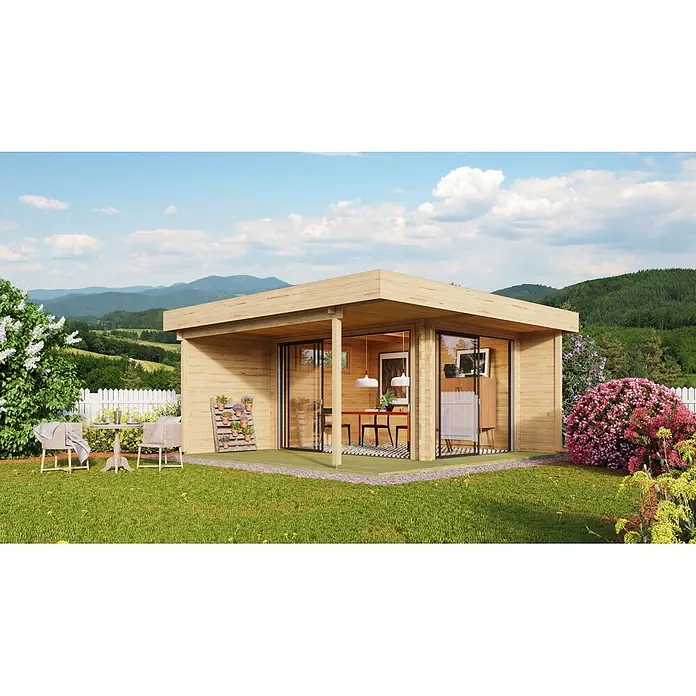 Fjordholz Gartenhaus - Außenmaß inkl. Dachüberstand (B x T): 518 x 518 cm, Holz, Grau Imprägnierung - Holz-Gartenbüro mit großen Glasschiebetüren und integrierter Terrasse, in Naturlandschaft mit Außensitzgelegenheiten.