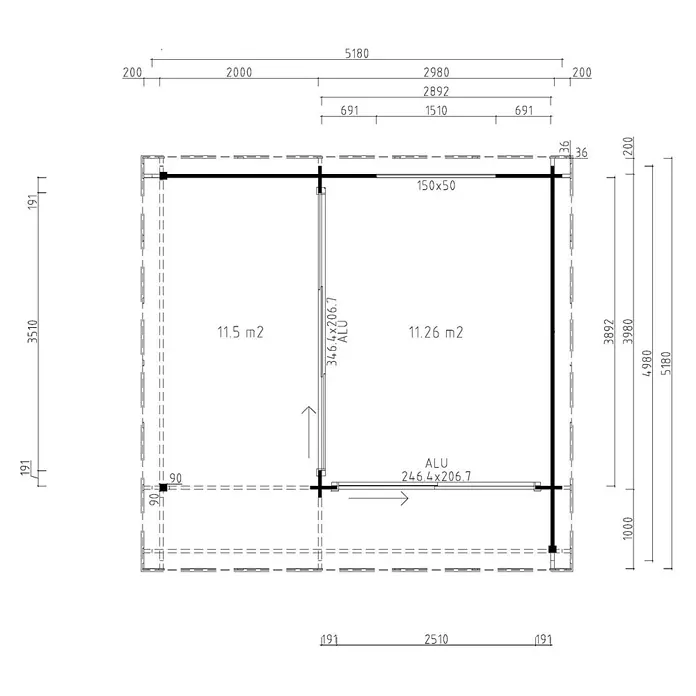 Fjordholz Gartenhaus - Außenmaß inkl. Dachüberstand (B x T): 518 x 518 cm, Holz, Grau Imprägnierung - Grundriss einer zweiräumigen Struktur mit detaillierten Maßen, Flächen und Türspezifikationen.