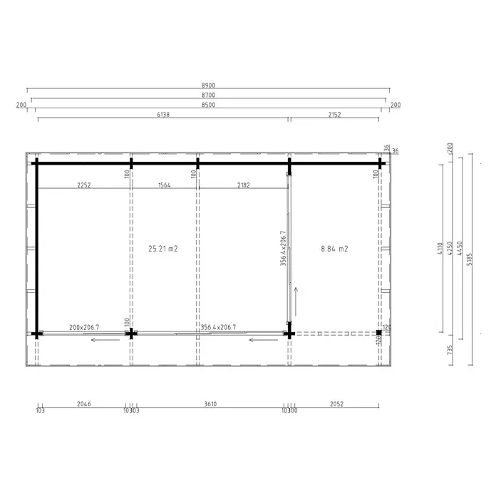 Fjordholz Gartenhaus - Außenmaß inkl. Dachüberstand (B x T): 870 x 445 cm, Holz, Grau Imprägnierung - Technische Zeichnung eines Gebäudegrundrisses mit Gesamtabmessungen, Raumaufteilung und Spezifikationen der tragenden Balken.