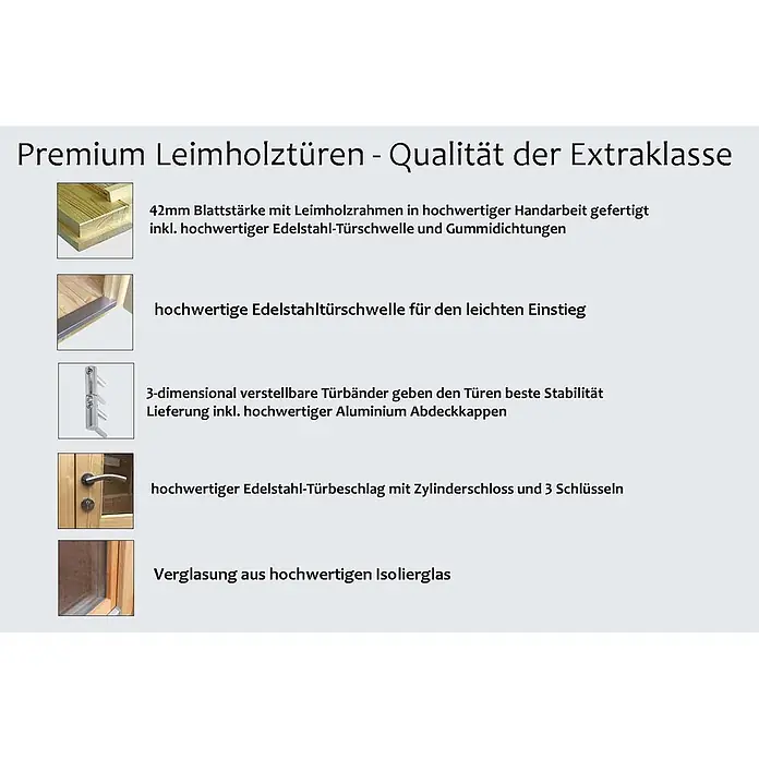 Fjordholz Gartenhaus Heritage 70 B - Außenmaß inkl. Dachüberstand (B x T): 720 x 280 cm, Holz, Naturbelassen - Premium Leimholztür zeigt Qualitätsmerkmale wie dicke Platte, Edelstahl-Schwelle, verstellbare Bänder und Isolierglas.