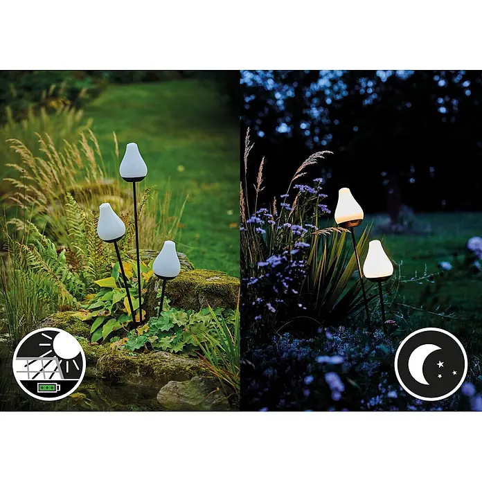 Lumix Solarleuchte Tulip - Lichtfarbe: RGB, Höhe: 100 cm, Tulip - Weiße, tropfenförmige Solar-Gartenleuchten mit schwarzen Stielen, in einer üppigen Gartenumgebung, tagsüber unbeleuchtet und nachts leuchtend.