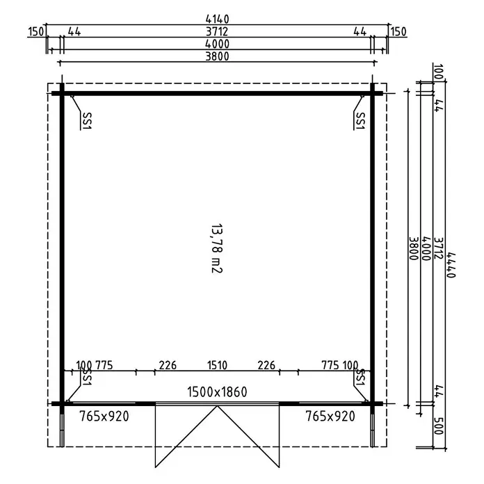 Fjordholz Gartenhaus Daniel 44 Farbbehandlung Carbongrau - Außenmaß inkl. Dachüberstand (B x T): 400 x 400 cm, Holz, Naturbelassen - Grundriss einer rechteckigen Hütte mit Gesamt- und Innenmaßen, Tür- und Fenstergrößen sowie einer Fläche von 13,78 m².